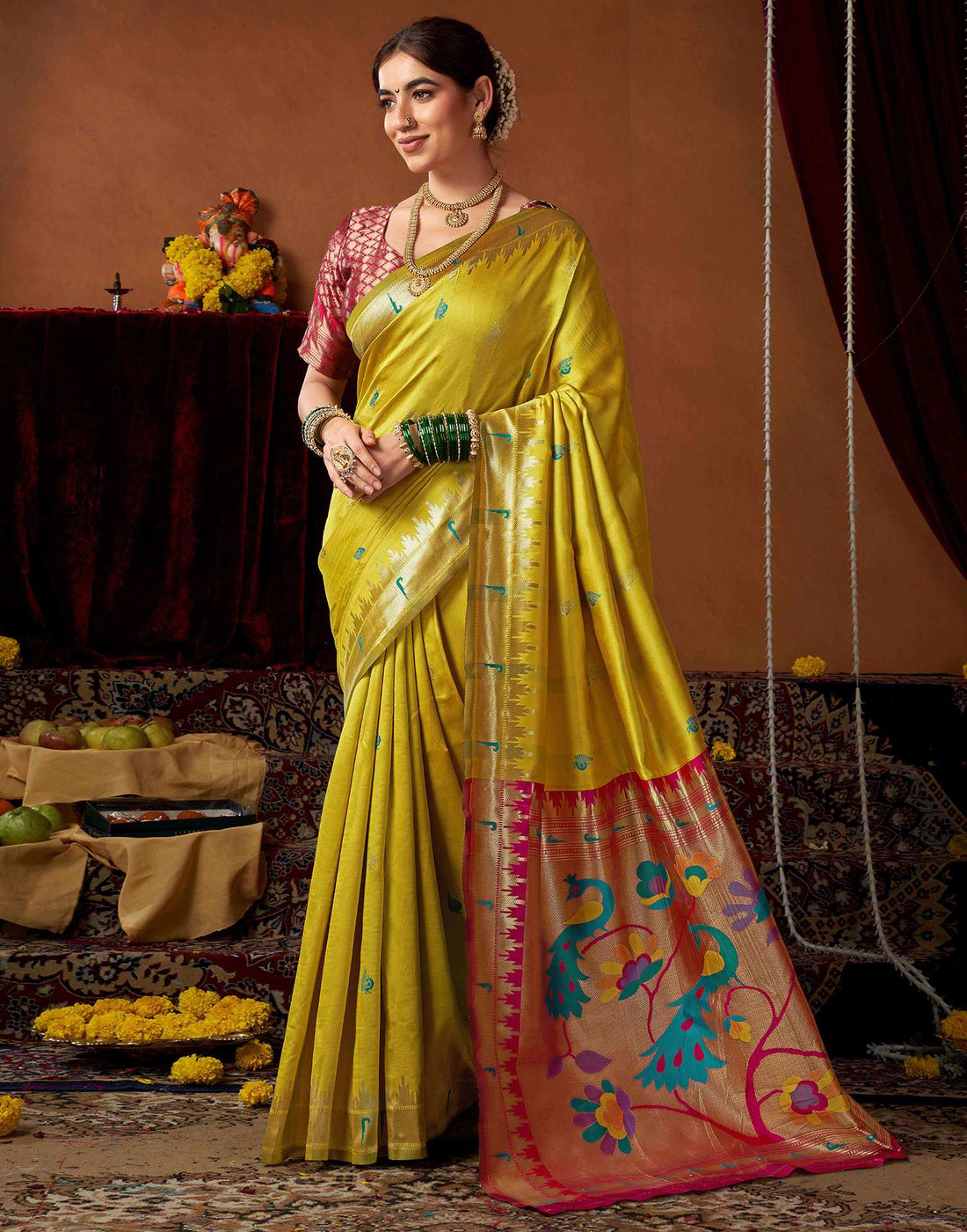 Lime Yellow Silk Paithani Chaturthi Saree