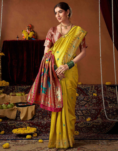 Lime Yellow Silk Paithani Chaturthi Saree