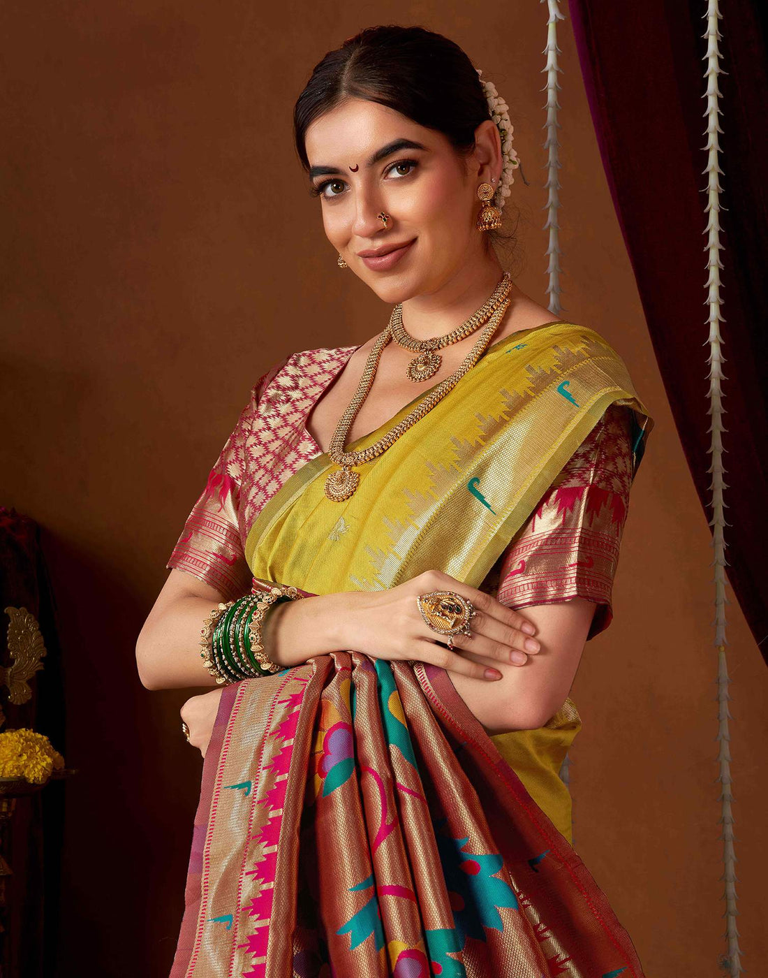Lime Yellow Silk Paithani Chaturthi Saree