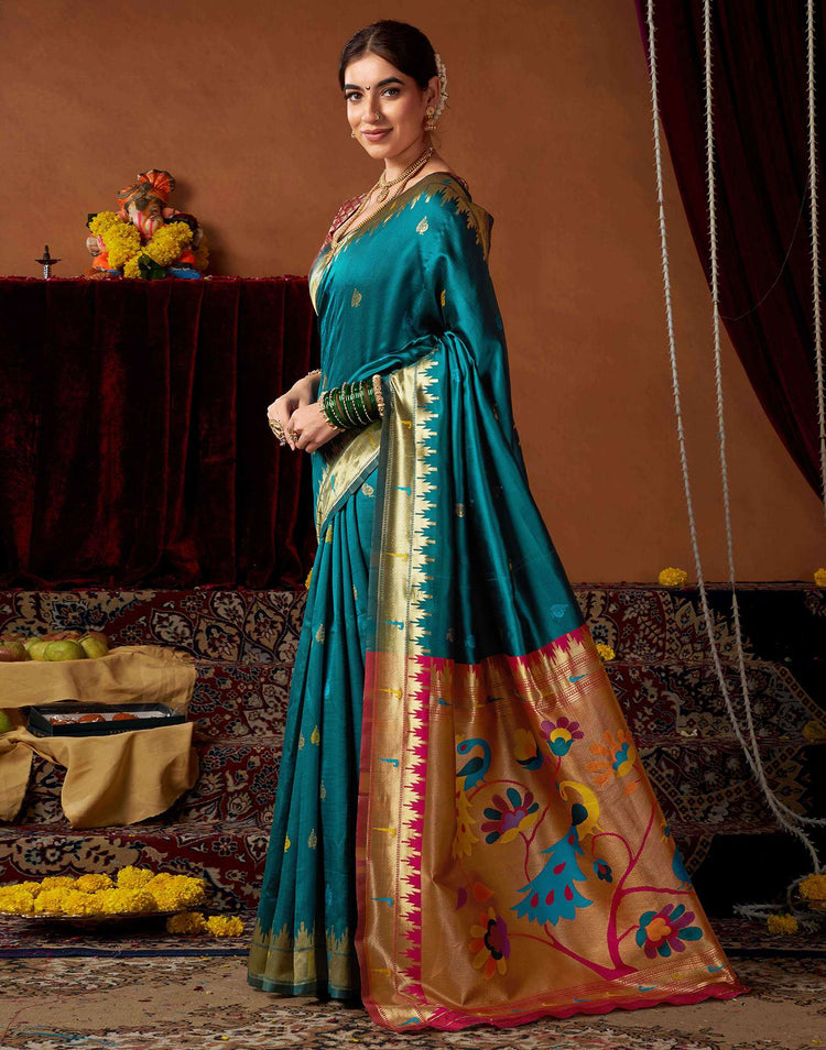 Rama Blue Silk Paithani Saree