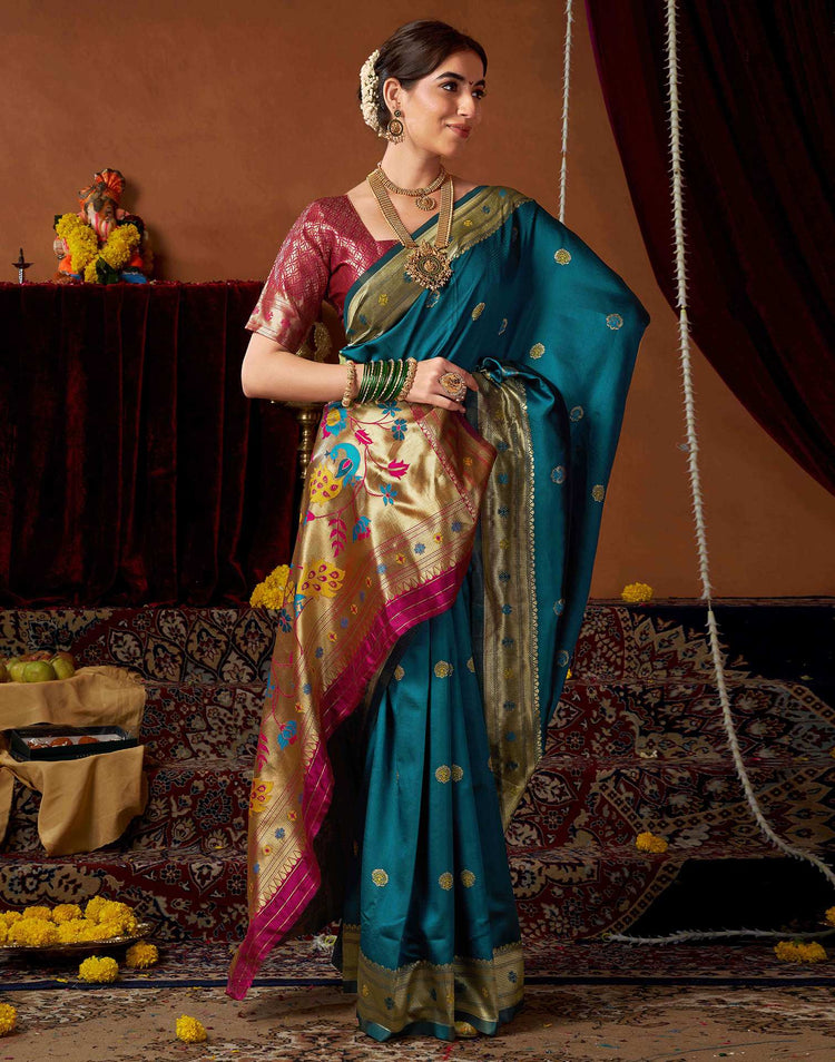 Rama Blue Silk Paithani Saree