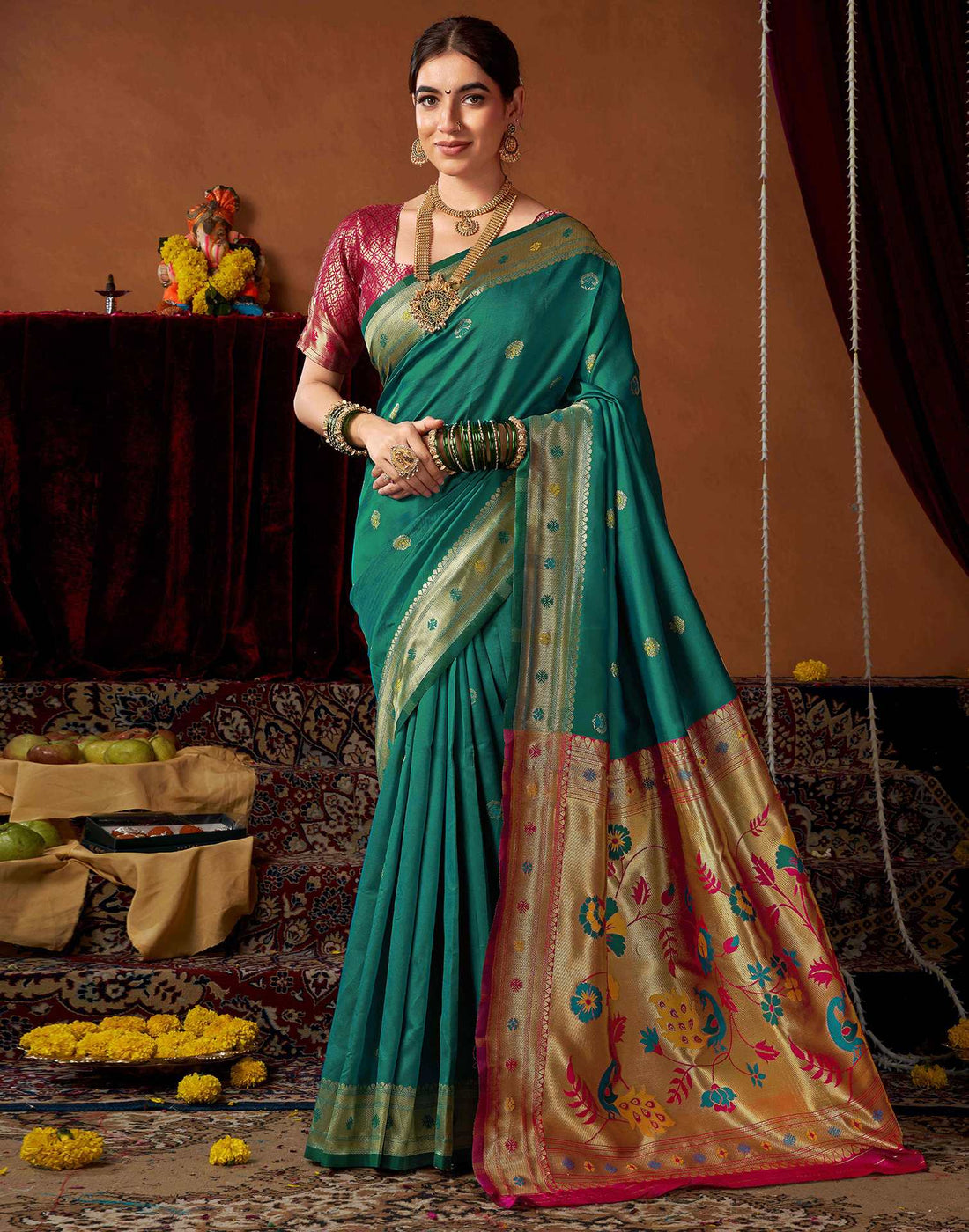 Teal Green Silk Paithani Chaturthi Saree