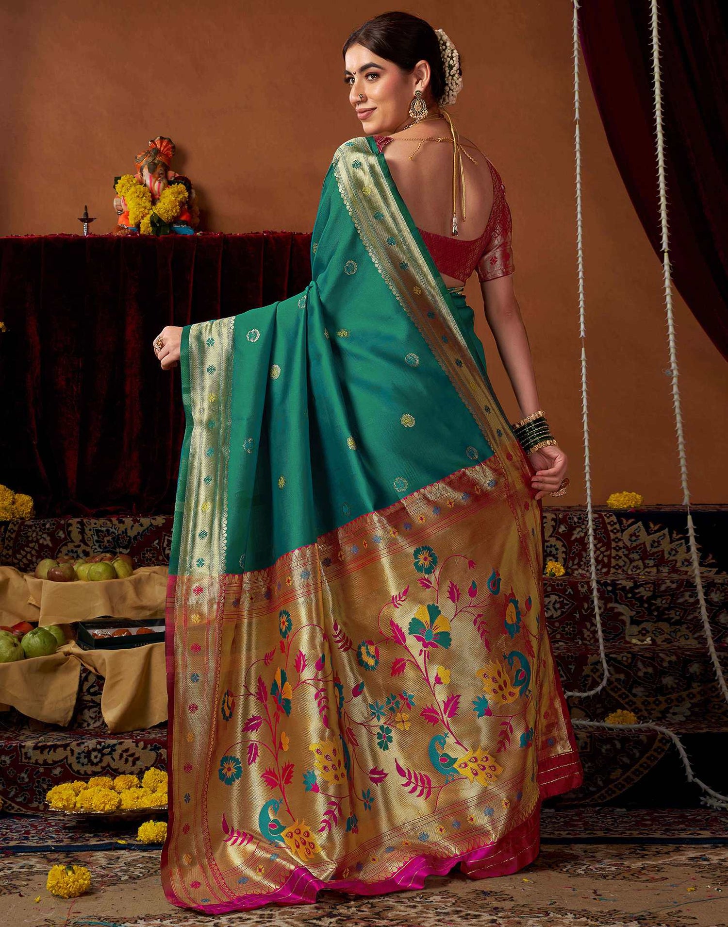 Teal Green Silk Paithani Chaturthi Saree