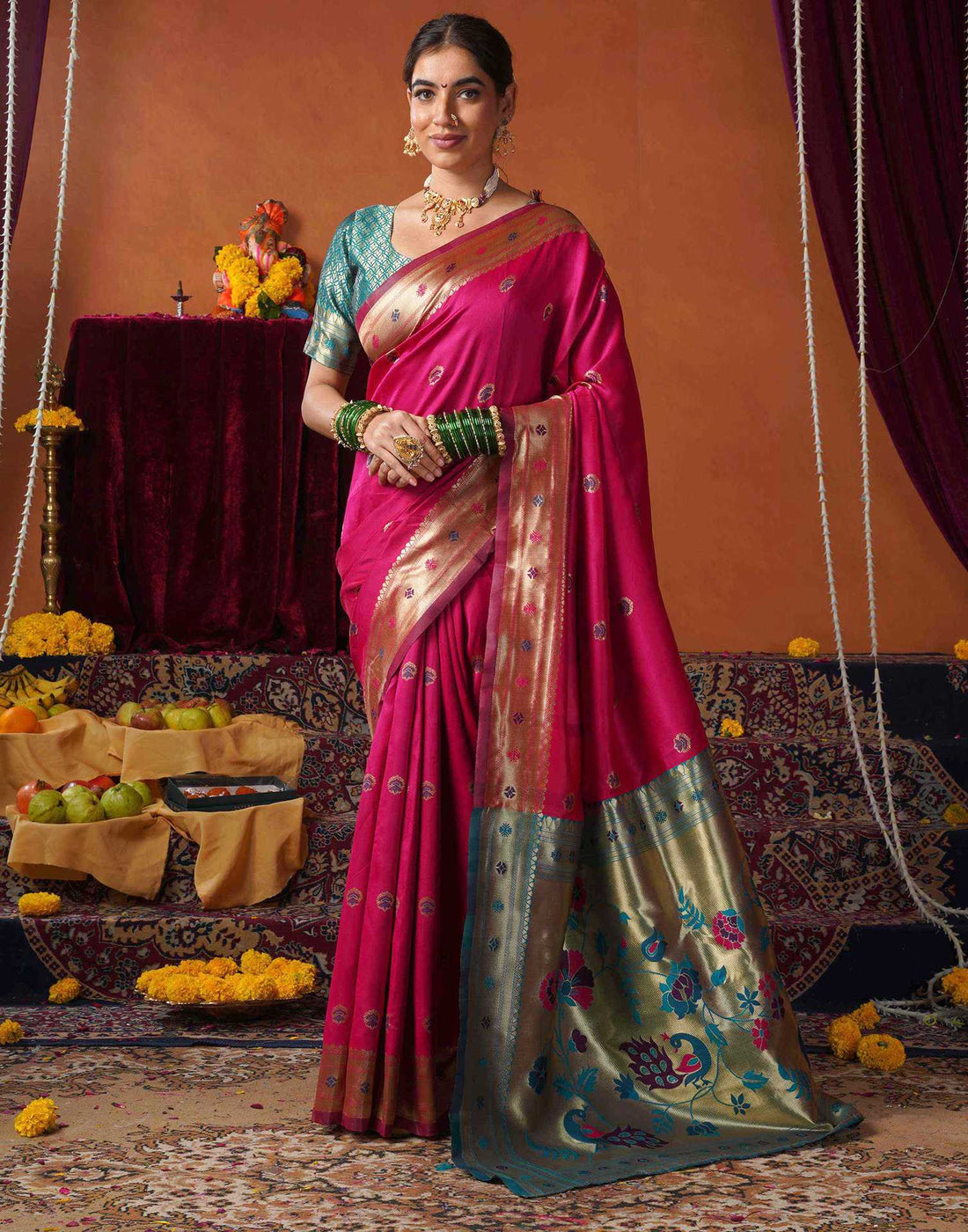 Rani Pink Silk Paithani Chaturthi Saree
