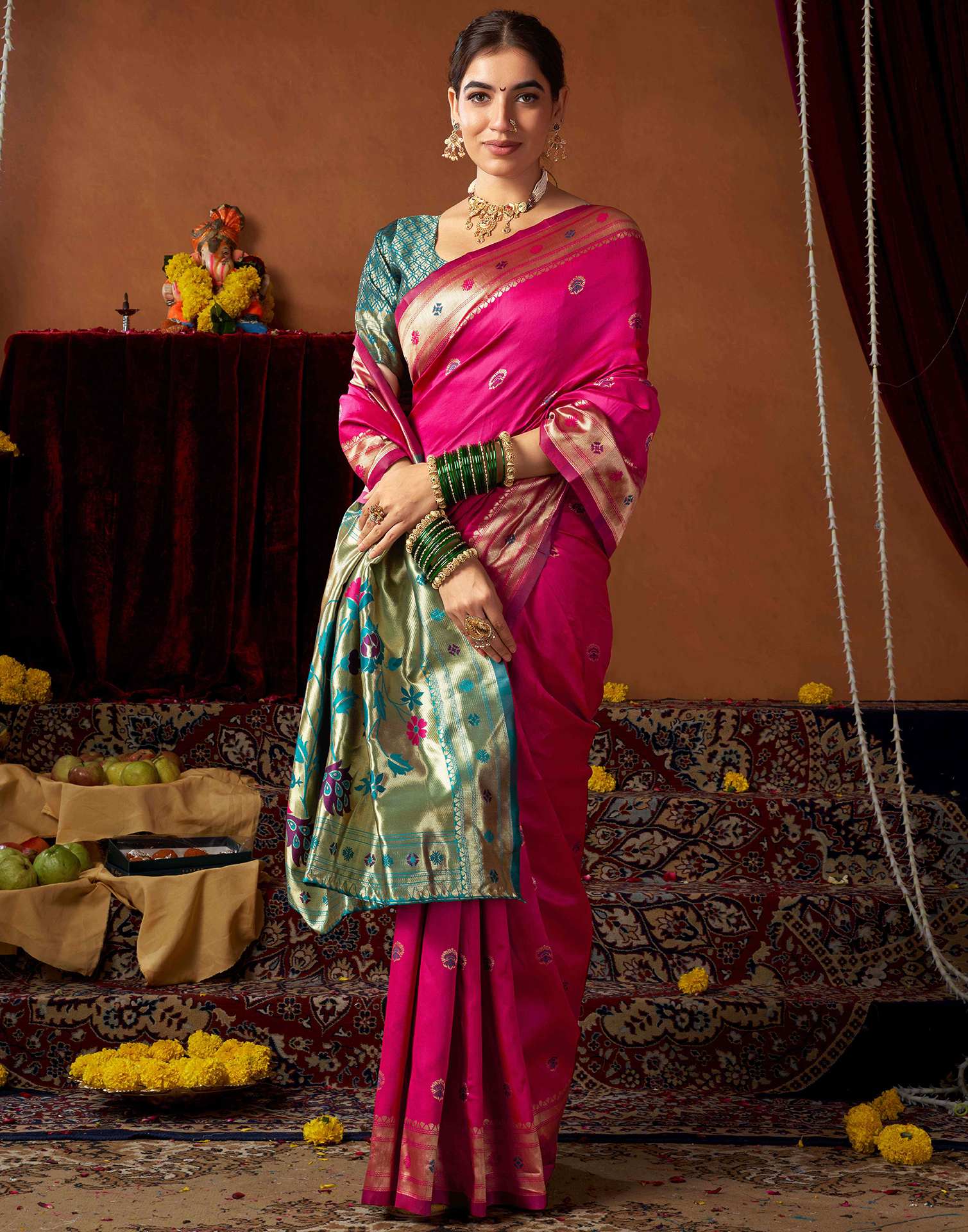 Rani Pink Silk Paithani Chaturthi Saree