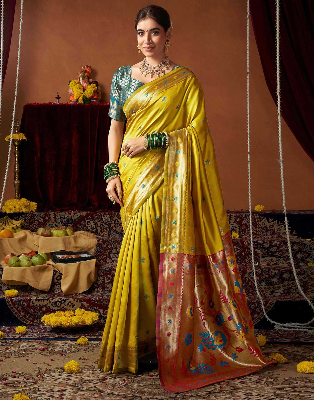 Lime Yellow Silk Paithani Chaturthi Saree