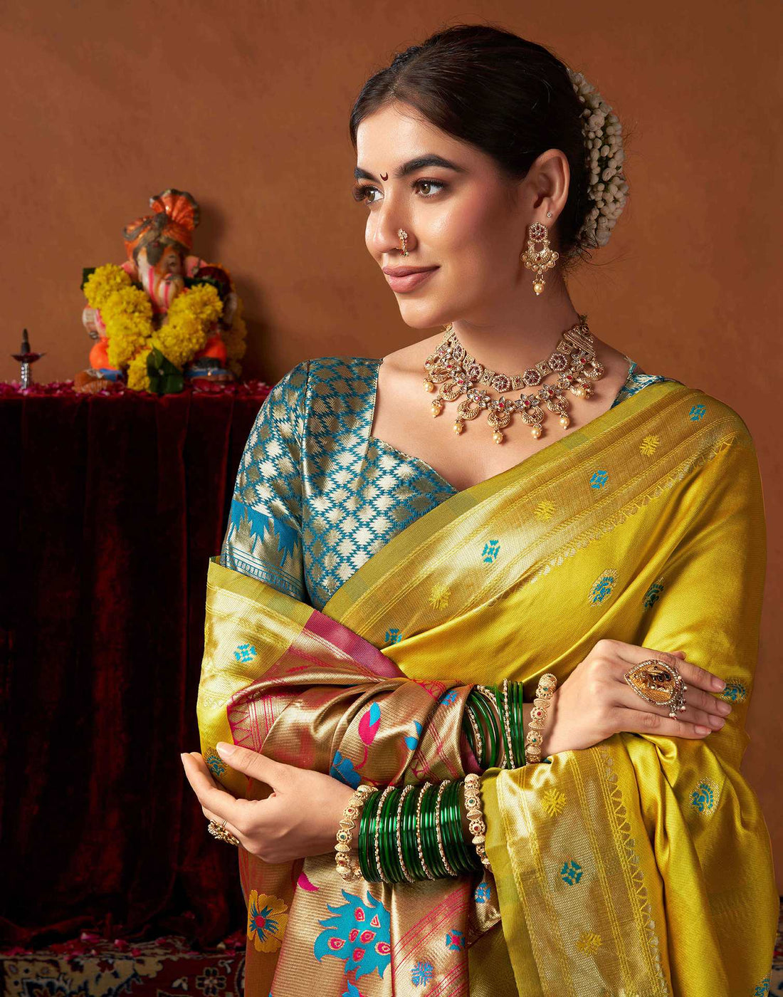 Lime Yellow Silk Paithani Chaturthi Saree