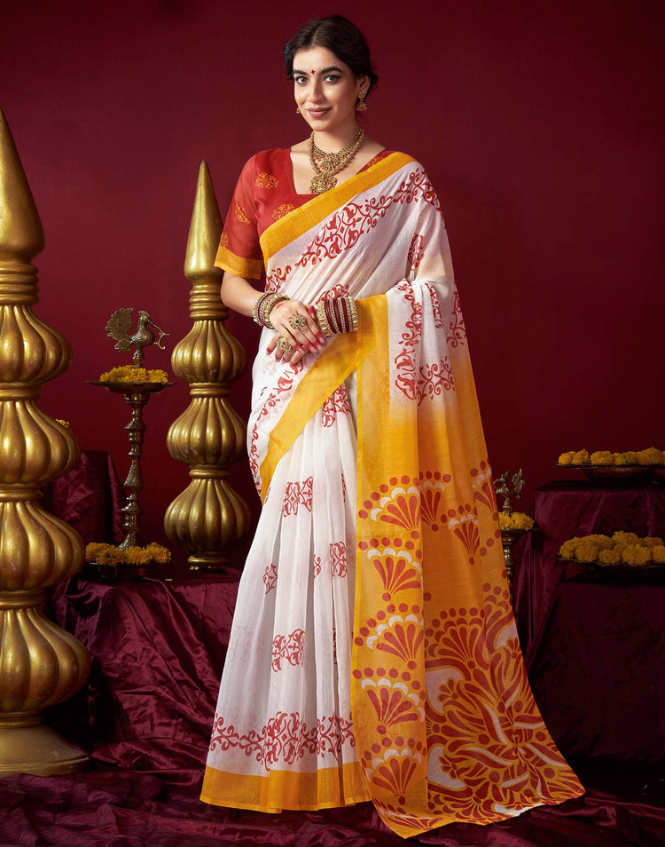Off White Chanderi Printed Durga Puja Saree