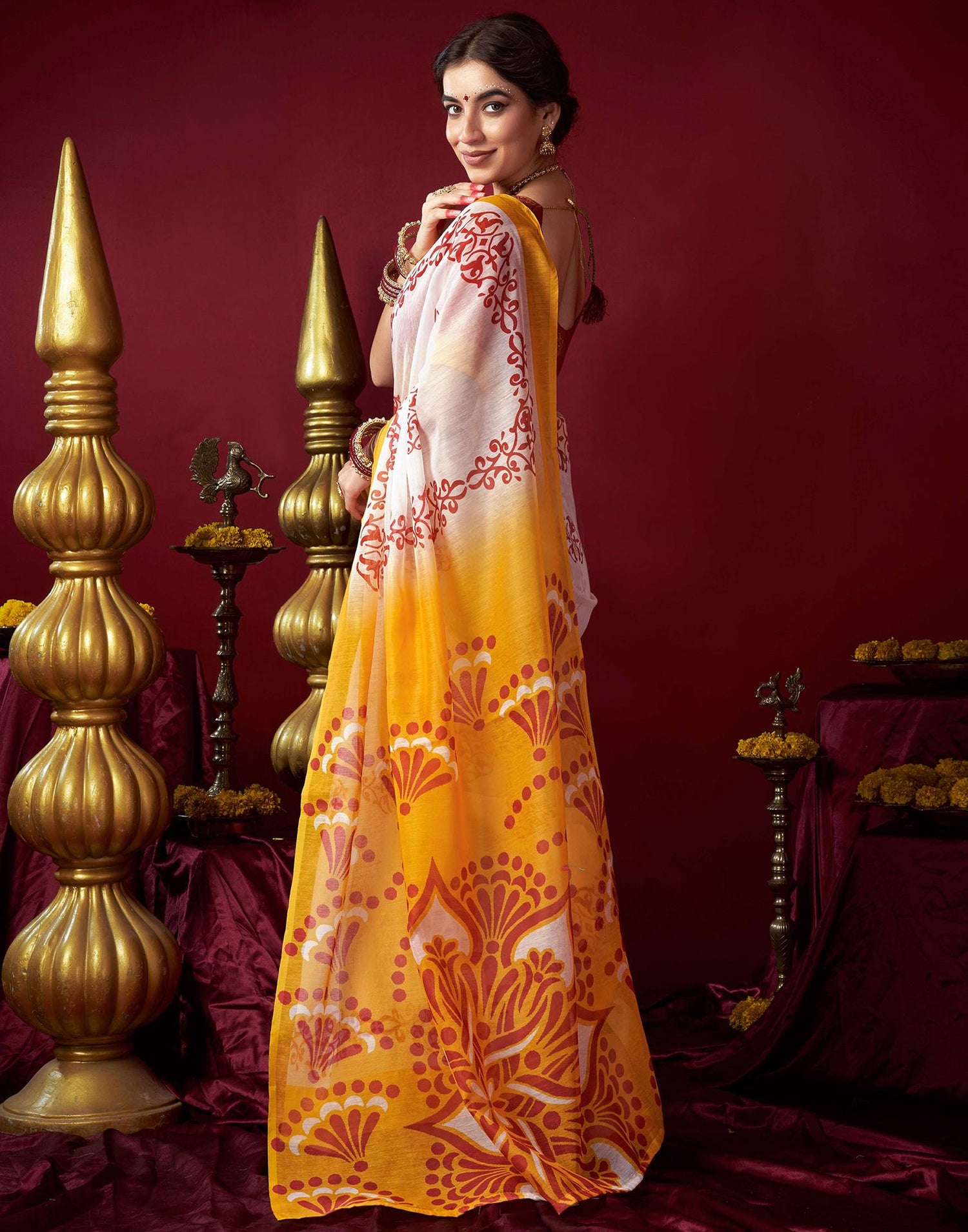 Off White Chanderi Printed Saree