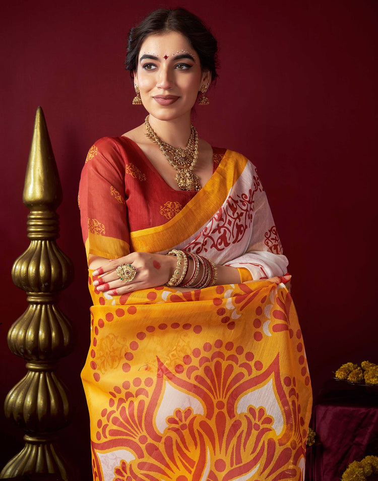 Off White Chanderi Printed Durga Puja Saree