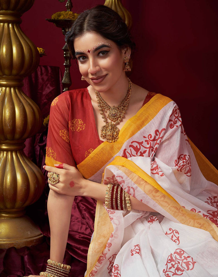 Off White Chanderi Printed Durga Puja Saree