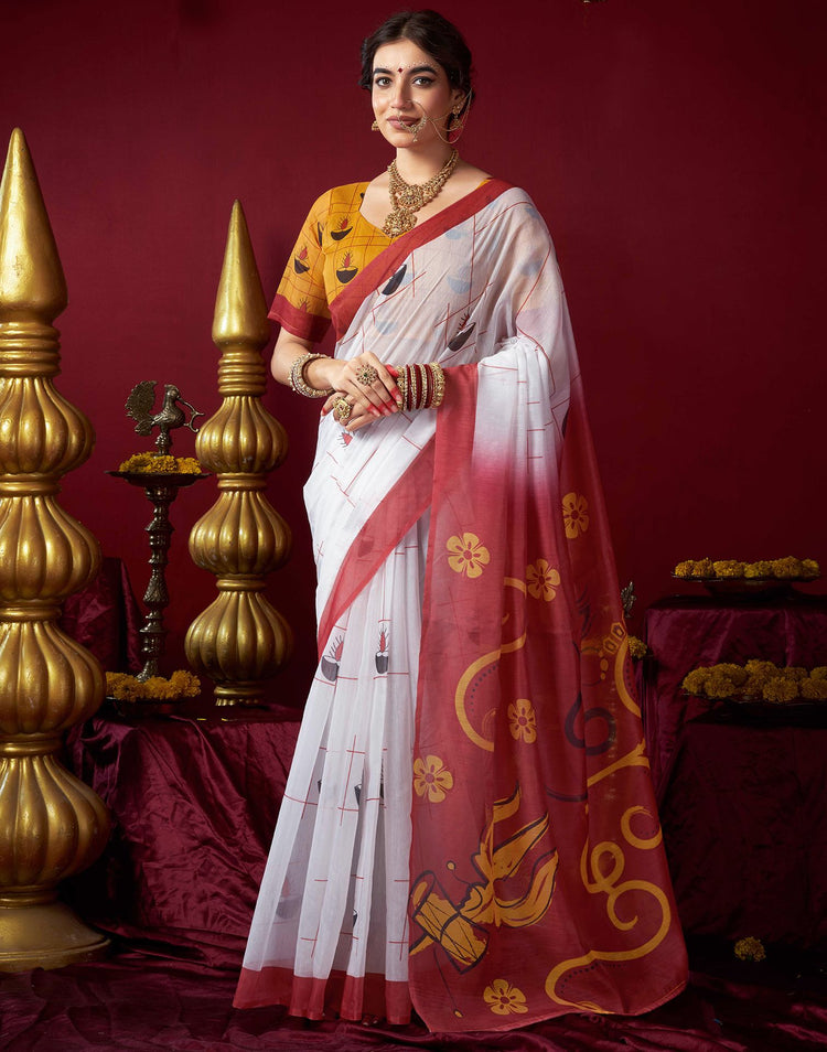 White Chanderi Printed Durga Puja Saree