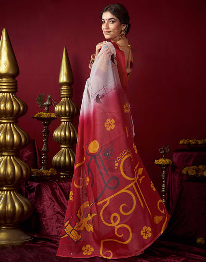 White Chanderi Printed Saree