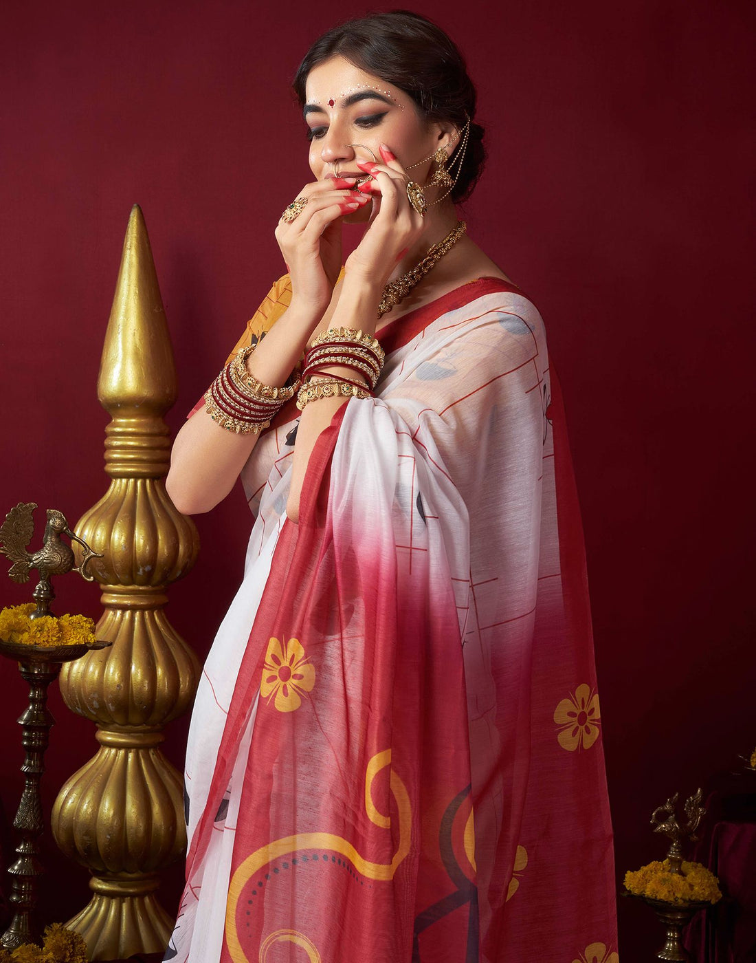White Chanderi Printed Saree