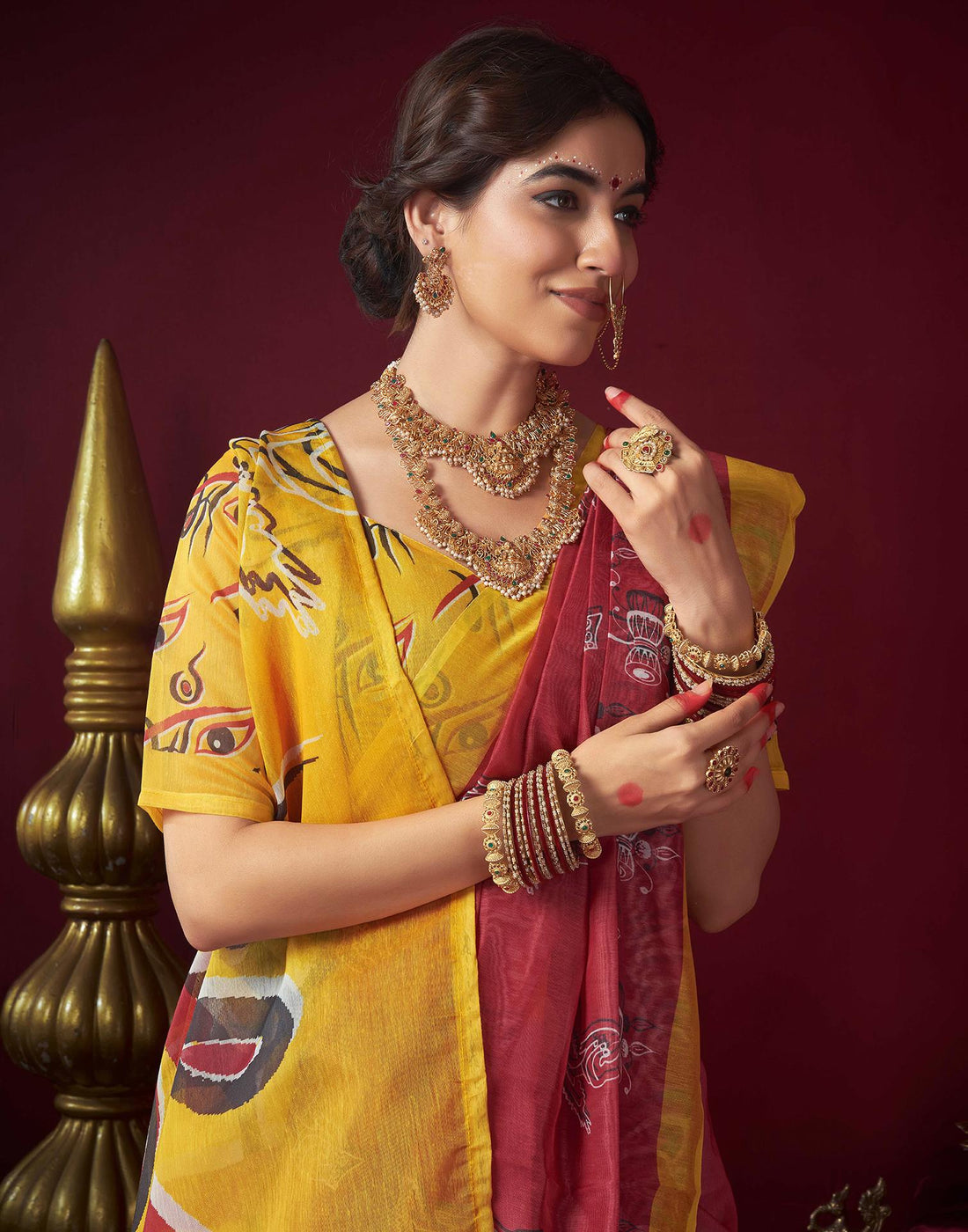 Red Chanderi Printed Durga Puja Saree