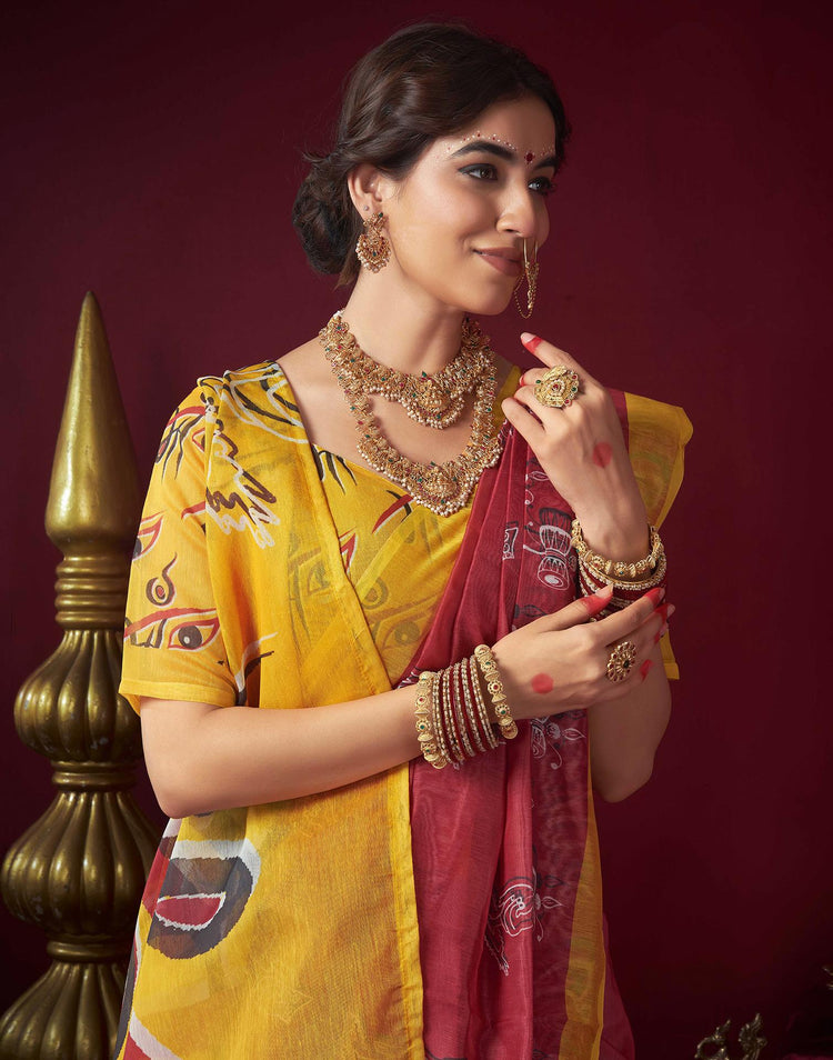 Red Chanderi Printed Durga Puja Saree