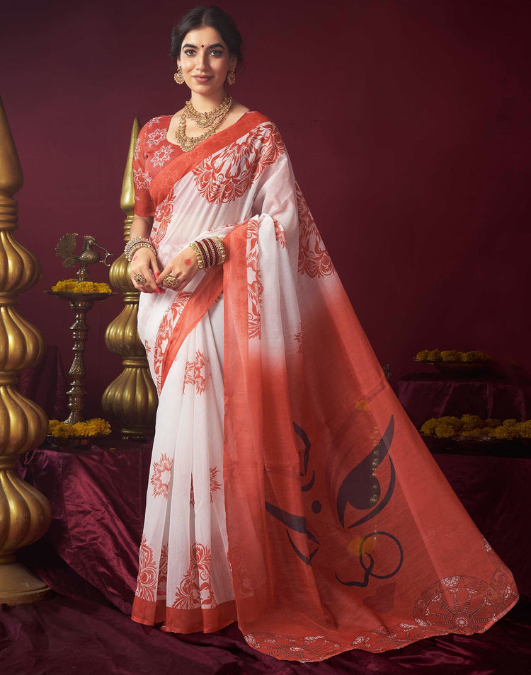 Off White Chanderi Printed Durga Puja Saree