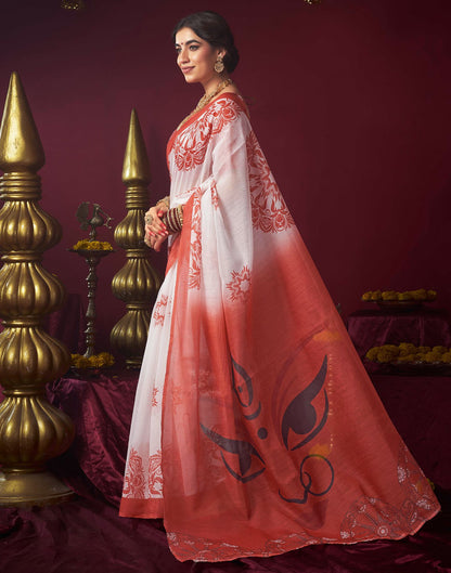 Off White Chanderi Printed Saree