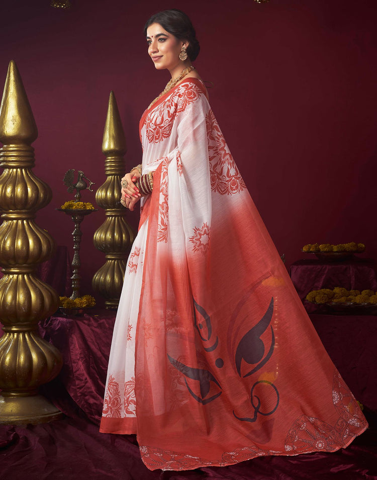 Off White Chanderi Printed Durga Puja Saree