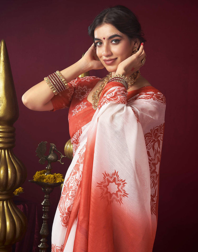 Off White Chanderi Printed Durga Puja Saree