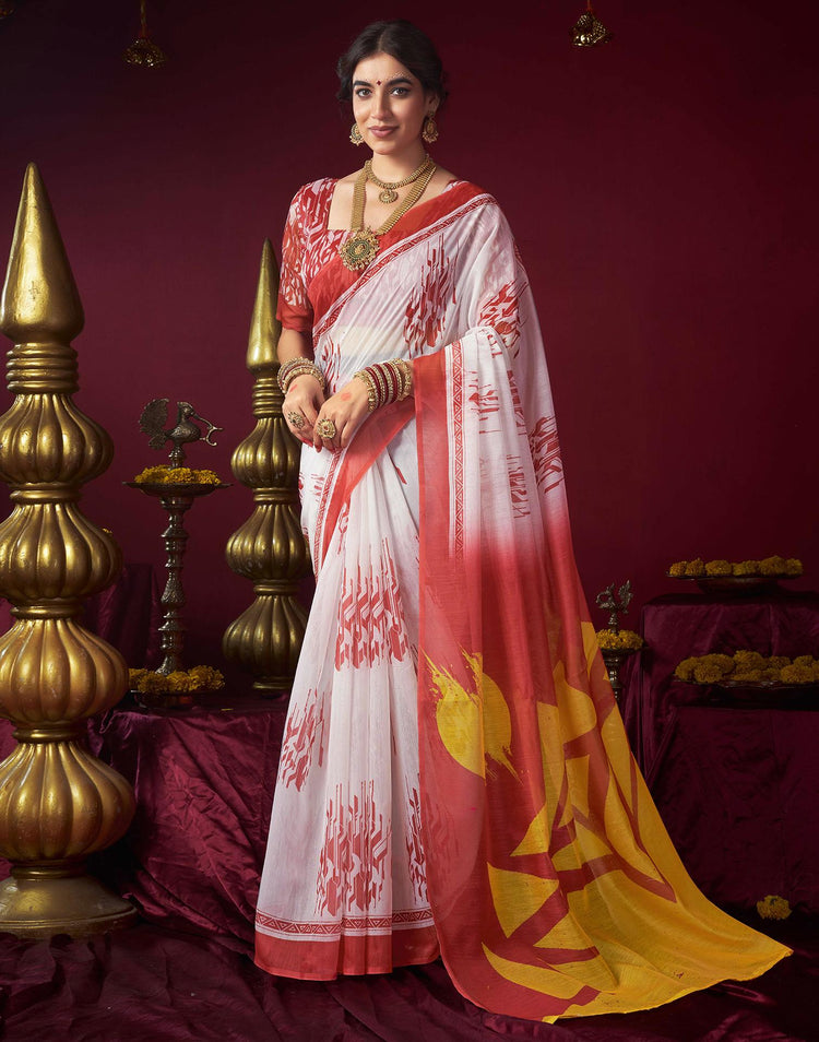 Off White Chanderi Printed Durga Puja Saree