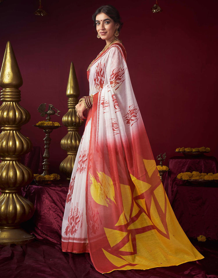 Off White Chanderi Printed Durga Puja Saree