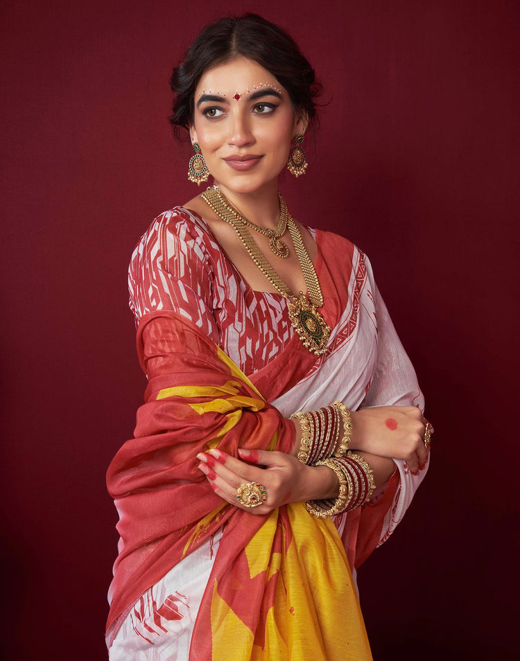 Off White Chanderi Printed Durga Puja Saree