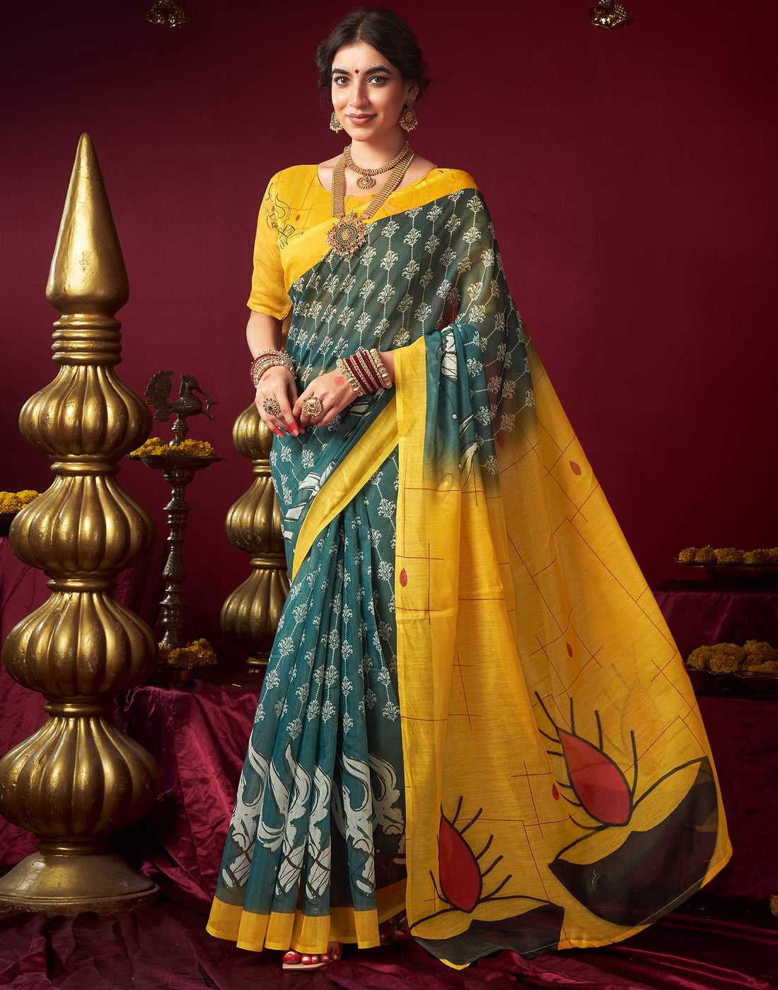 Dusty Rama Green Chanderi Printed Saree