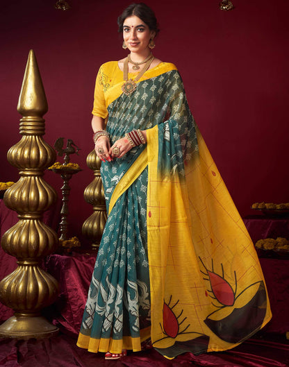 Dusty Rama Green Chanderi Printed Saree