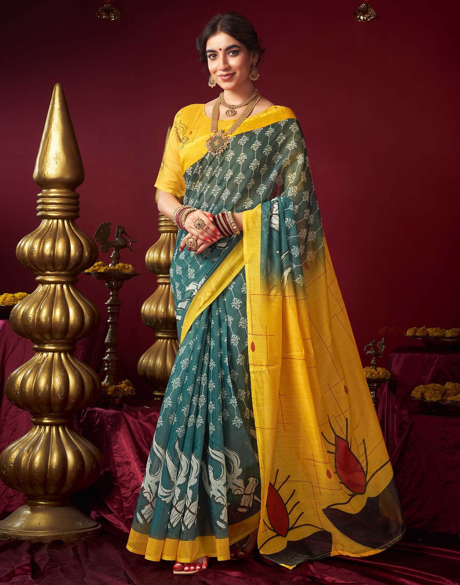 Dusty Rama Green Chanderi Printed Saree