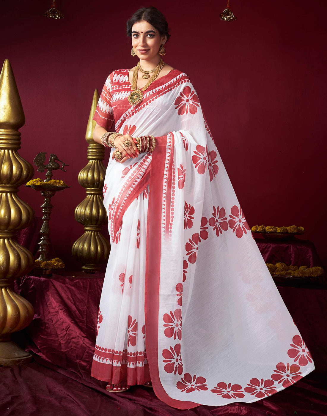 White Chanderi Printed Saree