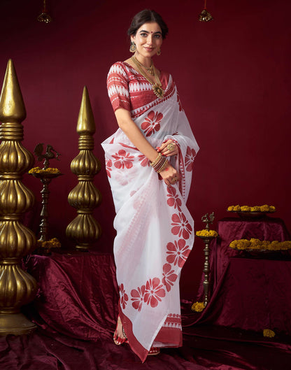 White Chanderi Printed Saree