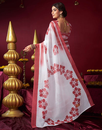 White Chanderi Printed Saree