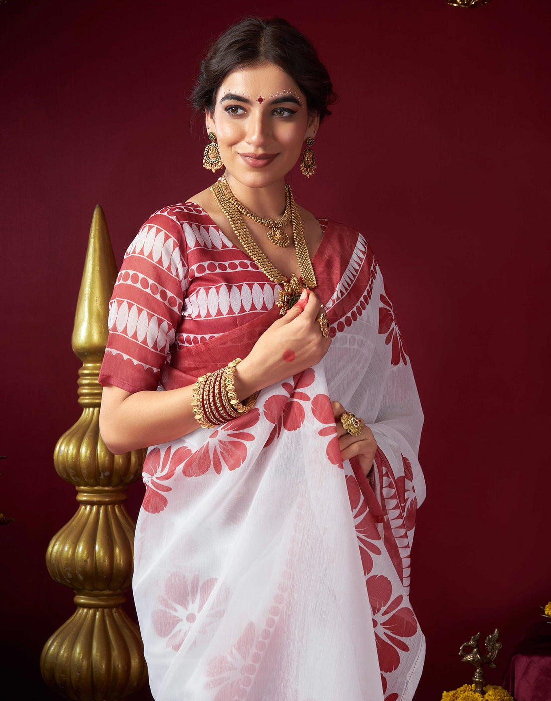 White Chanderi Printed Saree