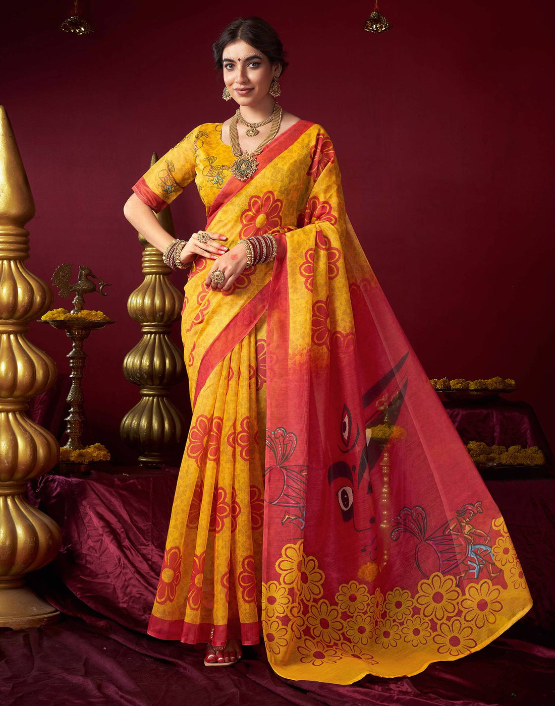 Yellow Chanderi Printed Saree