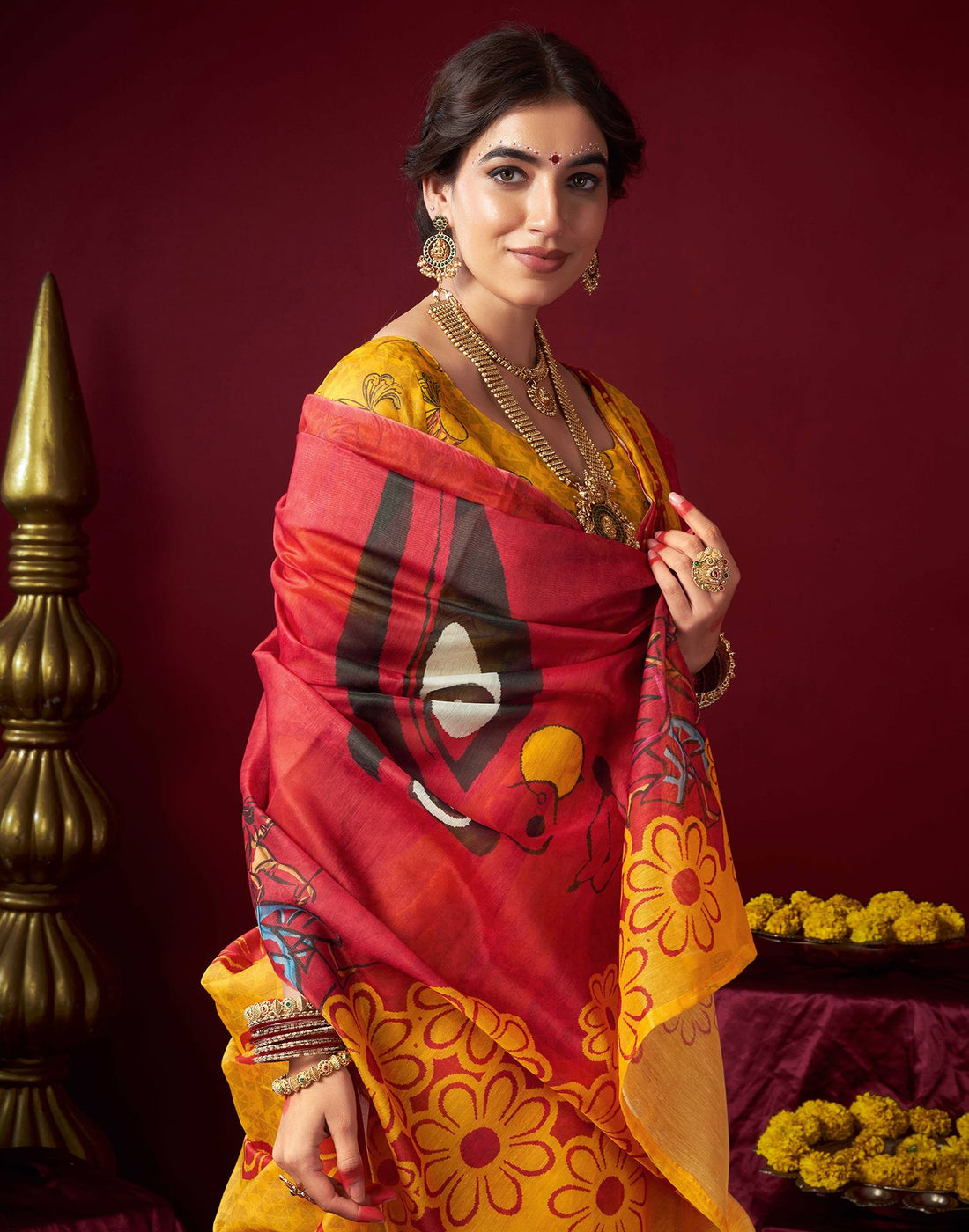 Yellow Chanderi Printed Saree