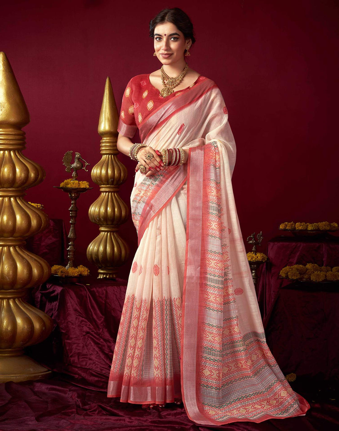 Cream Chanderi Printed Saree