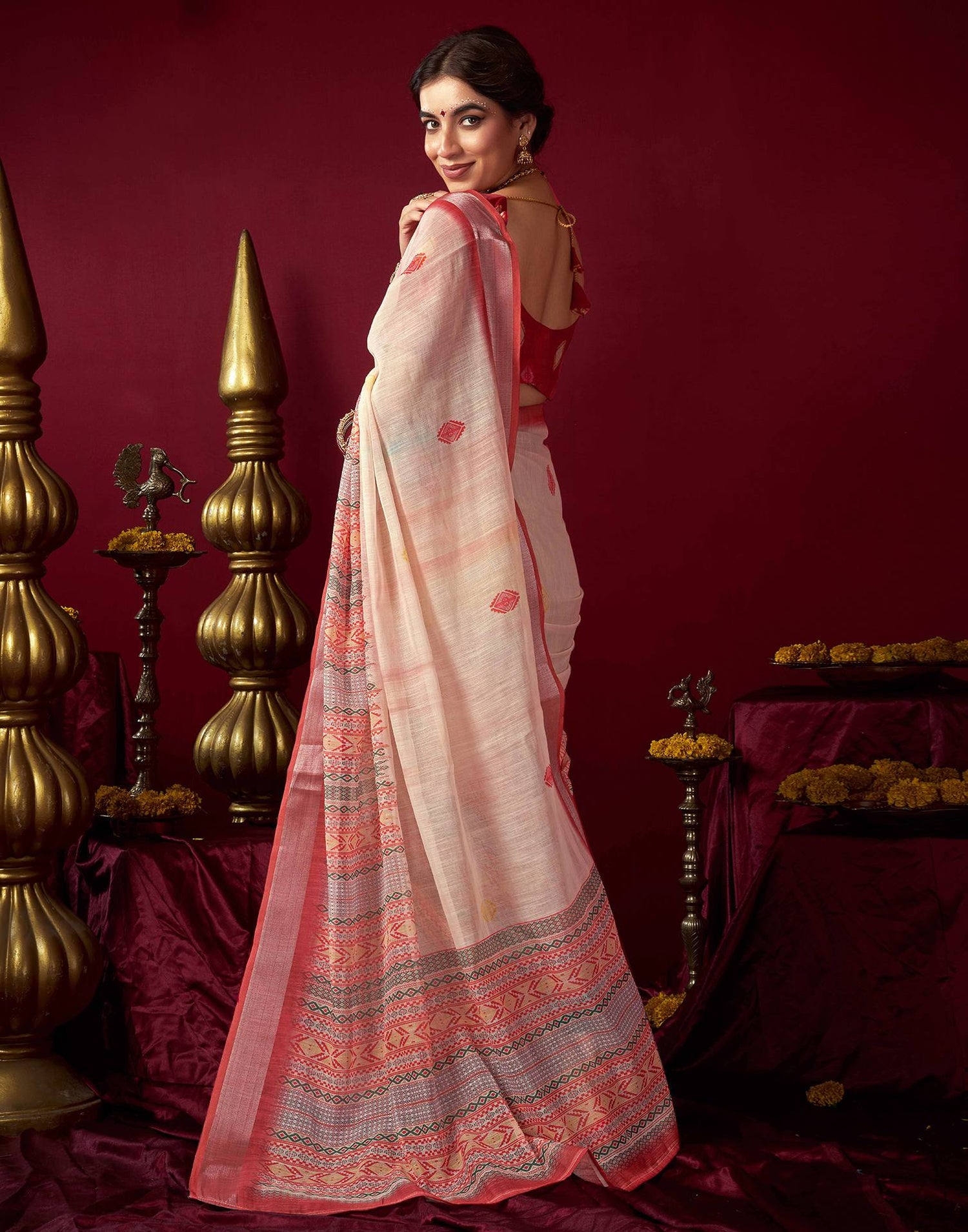 Cream Chanderi Printed Saree