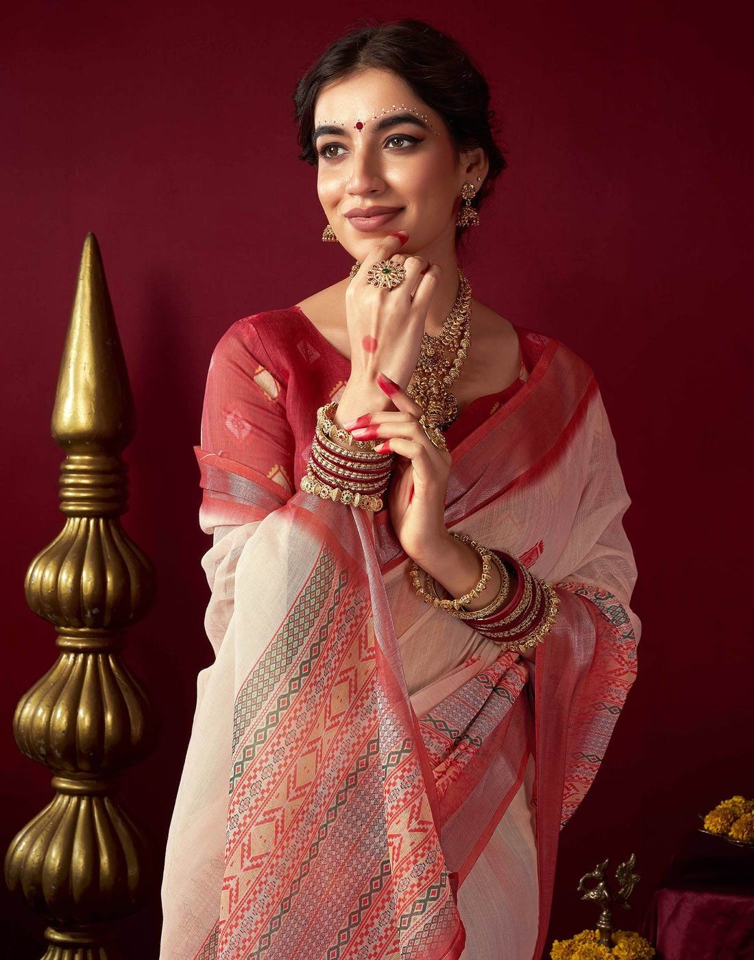 Cream Chanderi Printed Saree