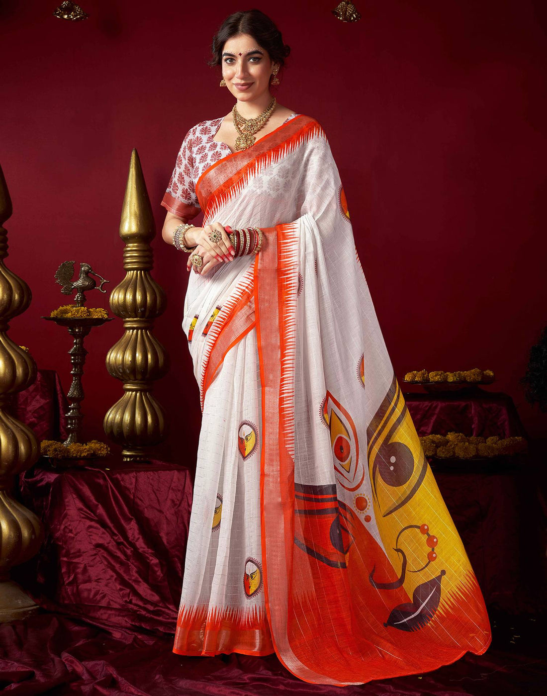 Off White Chanderi Printed Zari Stripe Saree