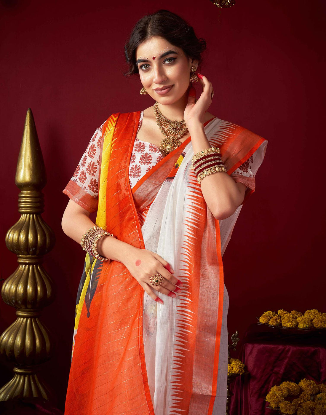 Off White Chanderi Printed Zari Stripe Saree