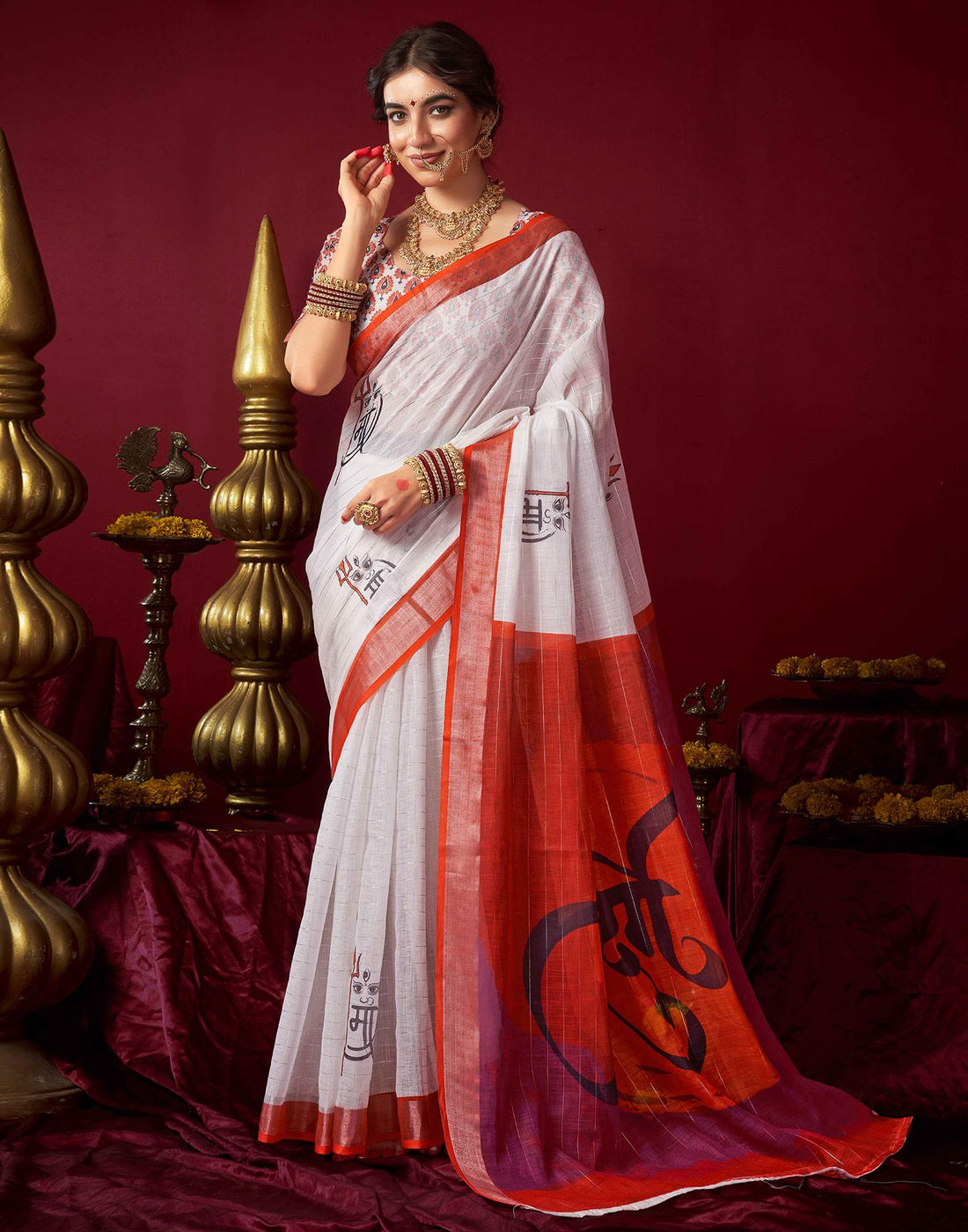 White Chanderi Printed Zari Stripe Saree