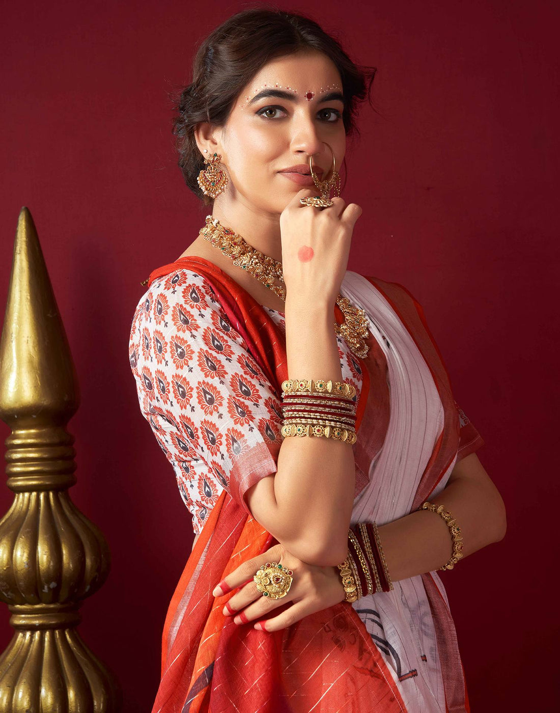 White Chanderi Printed Zari Stripe Saree