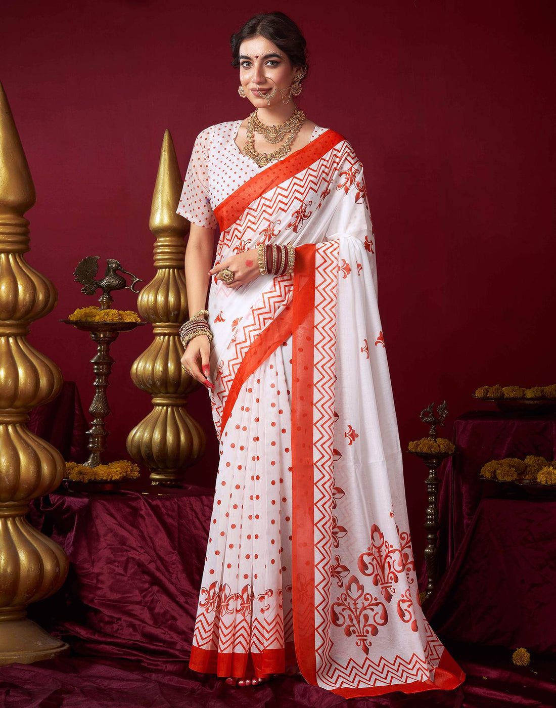 Off White Chanderi Printed Saree