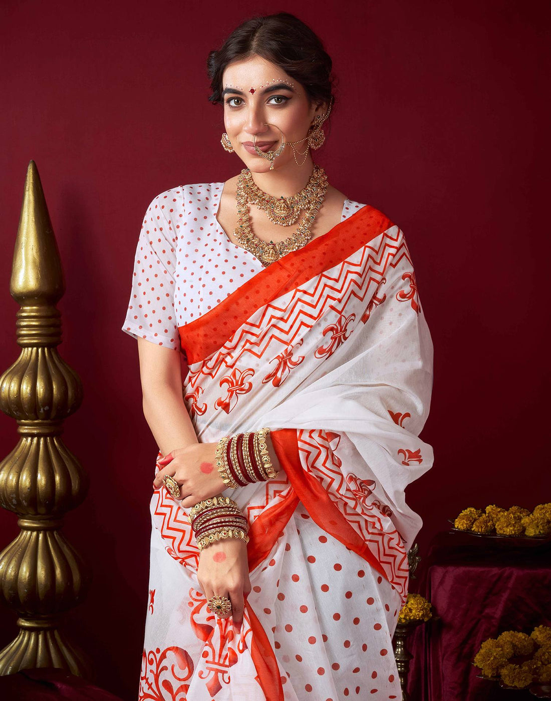 Off White Chanderi Printed Saree