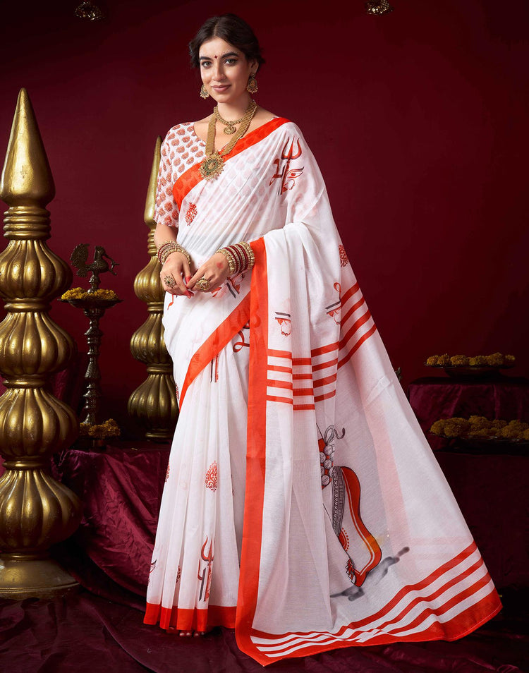 White Chanderi Printed Durga Puja Saree