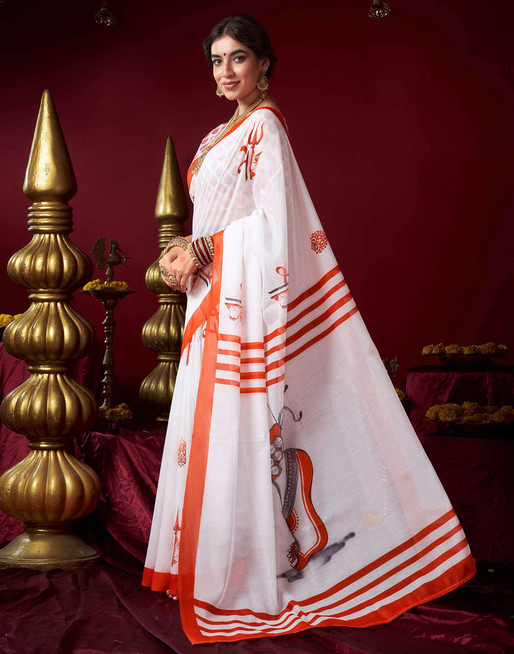 White Chanderi Printed Durga Puja Saree