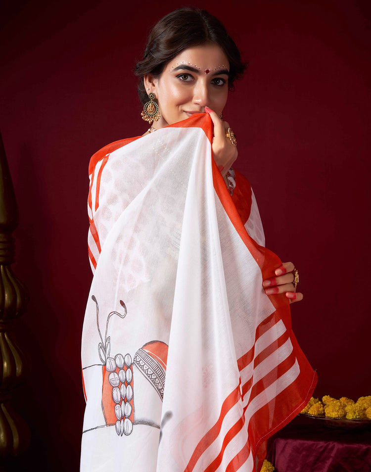 White Chanderi Printed Durga Puja Saree