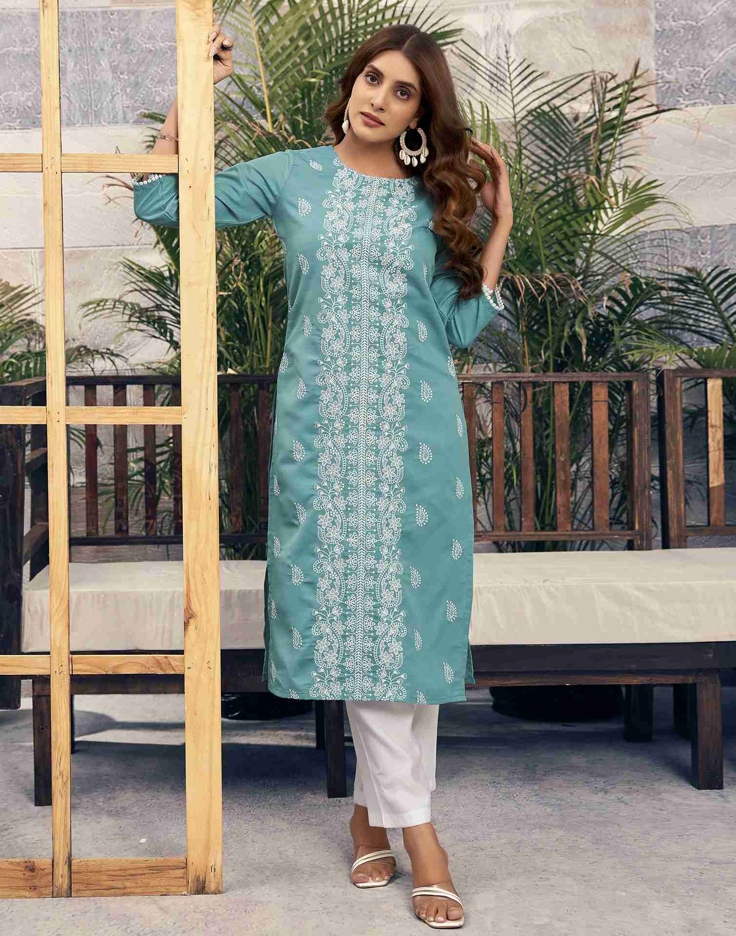 Turquoise Embroidery Rayon Straight Kurta