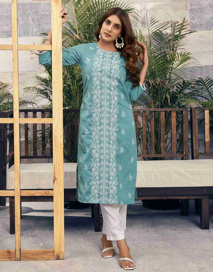 Turquoise Embroidery Rayon Straight Kurta